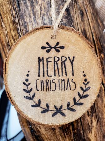 Merry christmas wood banner decoration, winter holiday conceptの写真素材