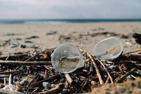 Plastic glass on sandy sea coast ecosystem,pollution free planet saveの写真素材