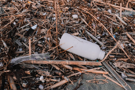Plastic fuel container on wild polluted sea coast ecosystem after sea storm