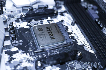 Amd ryzen desktop pc cpu installed on hi tech motherboard,computer componentsのeditorial素材