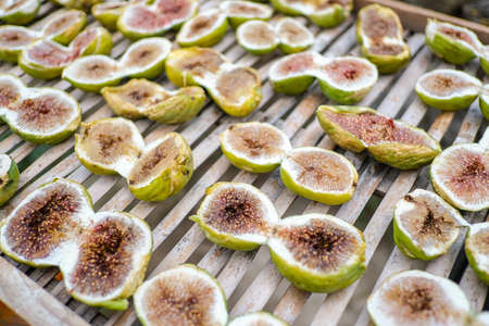 Traditional dried italian figs on sun light,healthy food,dry fruit,cilentoの写真素材