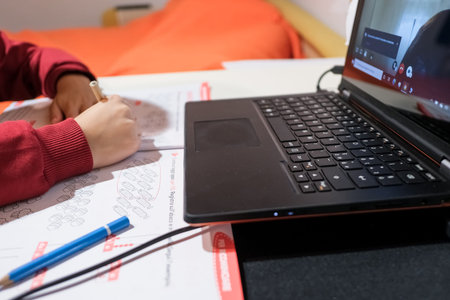 School boy doing smart home schooling lesson on laptop video chat,education