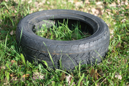 Old used rubber car tire discarded on raw forest ecosystem,environmental industrial pollution