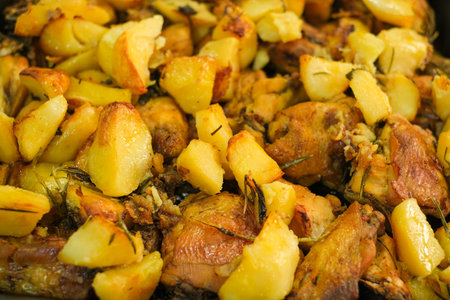 Tasty roasted chicken and potatoes close up,fat food kitchen