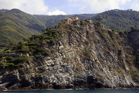 Houses on the cliffs, gulf of Poets, Cinque Terre, La Spezia, Liguria, Italyのeditorial素材