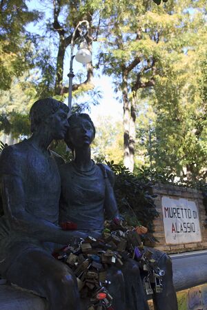 Alassio (SV), Italy - February 15, 2017: The statue icon of the famous "Muretto" in Alassio town, Riviera dei Fiori, Savona, Liguria, Italy.のeditorial素材