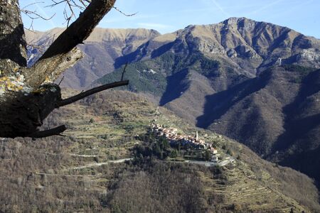 Triora (IM), Italy - February 15, 2017: View from The witches village of Triora, Imperia, Liguria, Italy.のeditorial素材