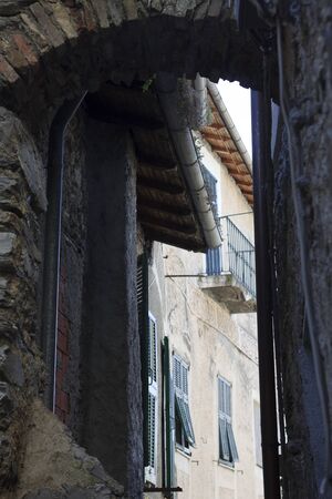 Triora (IM), Italy - February 15, 2017: Old houses details in The witches village of Triora, Imperia, Liguria, Italy.のeditorial素材