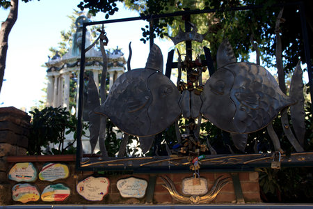 Alassio (SV), Italy - February 15, 2017: Fish sculpture near the famous "Muretto" in Alassio town, Riviera dei Fiori, Savona, Liguria, Italy.のeditorial素材