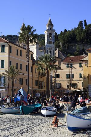 Laigueglia (SV), Italy - February 15, 2017: Laigueglia beach and village, Riviera dei Fiori, Savona, Liguria, Italy.のeditorial素材