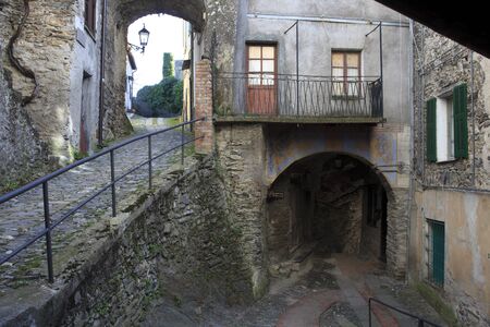 Triora (IM), Italy - February 15, 2017: Old houses details in The witches village of Triora, Imperia, Liguria, Italy.のeditorial素材