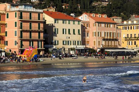 Alassio (SV), Italy - February 15, 2017: View of Alassio town from the pier, Riviera dei Fiori, Savona, Liguria, Italy.のeditorial素材