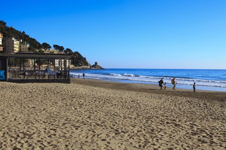 Alassio (SV), Italy - February 15, 2017: The Alassio beach, Riviera dei Fiori, Savona, Liguria, Italy.のeditorial素材