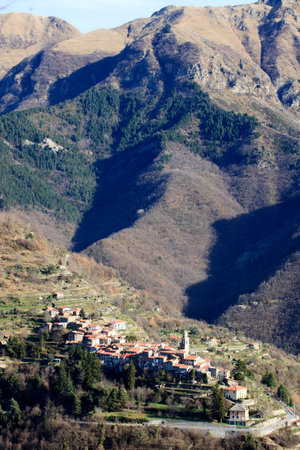 Triora (IM), Italy - February 15, 2017: View from The witches village of Triora, Imperia, Liguria, Italy.のeditorial素材