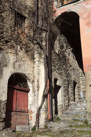 Triora (IM), Italy - February 15, 2017: Old houses details in The witches village of Triora, Imperia, Liguria, Italy.のeditorial素材