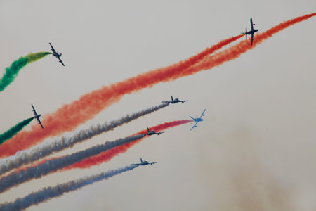 Cameri (NO), Italy - October 04, 2009: Military airbase Cameri, the Italian acrobatic team "Frecce Tricolori" during an airshow.のeditorial素材