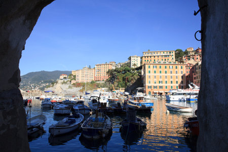 Camogli (GE), Italy - June 01, 2017: The fishing village of Camogli, Gulf of Paradise, Portofino National Park, Genova, Liguria, Italyのeditorial素材