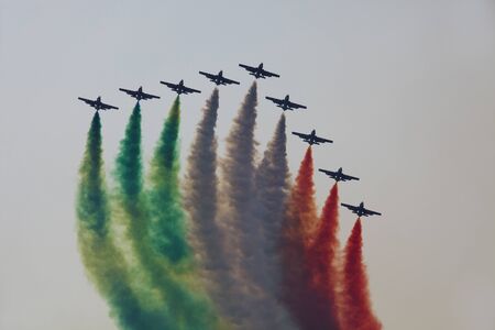 Cameri (NO), Italy - October 04, 2009: Military airbase Cameri, the Italian acrobatic team "Frecce Tricolori" during an airshow.のeditorial素材