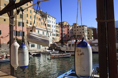 Camogli (GE), Italy - June 01, 2017: Camogli's harbour in the fishing village of Camogli, Gulf of Paradise, Portofino National Park, Genova, Liguria, Italyのeditorial素材