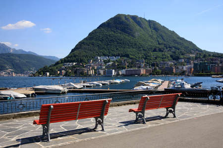 Lugano / Switzerland - June 01, 2019: Lugano lake view, Lugano, Switzerland, Europeのeditorial素材