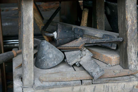 Algaida Es Pla, Majorca / Spain - August 25, 2016: Tools for glass working at handmade glass manufacturing factory Guardiola, Algaida Es Pla, Mallorca, Balearic Islands, Spain.のeditorial素材