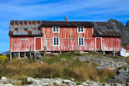 Lofoten Islands / Norway - August 30, 2017: Traditional wooden house in Lofoten Islands, Nordland, Norway, Scandinavia, Europeのeditorial素材