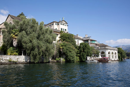 Orta San Giulio (NO), Italy - September 02, 2019: Houses view from the boat at Orta San Giulio...