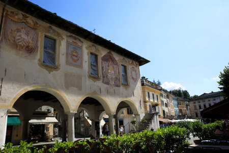 Orta San Giulio (NO), Italy - September 02, 2019: Palazzo della Comunita in  Piazza Motta, Orta,...