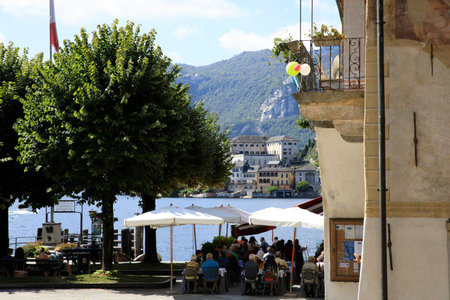 Orta San Giulio (NO), Italy - September 02, 2019: Piazza Motta in Orta San Giulio, Orta, Novara,...