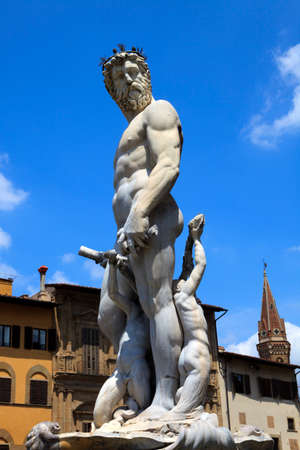Firenze, Italy - April 21, 2017: Fountain of Neptun by Bartolomeo Ammanati, Piazza della Signoria, Florence, Firenze, Tuscany, Italyのeditorial素材