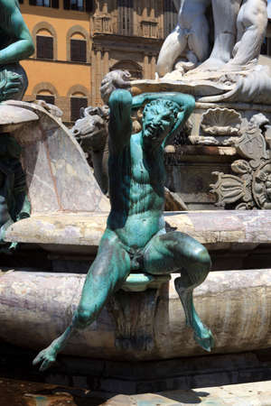 Firenze, Italy - April 21, 2017: Fountain of Neptun by Bartolomeo Ammanati, Piazza della Signoria, Florence, Firenze, Tuscany, Italyのeditorial素材