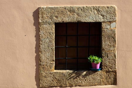 Norcia (PG), Italy - May 25, 2015: Typical stone window in Norcia, Umbria, Italy, Europeのeditorial素材