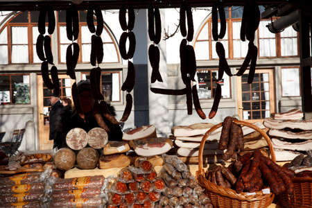 Lubiana / Slovenia - December 8, 2017: Typical salsicce in Lubiana market, Lubiana, Sloveniaのeditorial素材