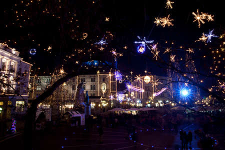 Lubiana / Slovenia - December 8, 2017: Lubiana centre with Christmas decoration, Lubiana, Sloveniaのeditorial素材