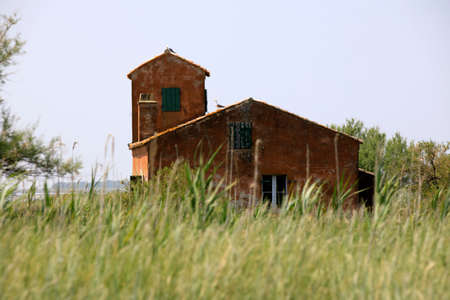 Po river (FE),  Italy - April 30, 2017: Fisherman's houses on Po river, Delta Regional Park, Emilia Romagna, Italyのeditorial素材