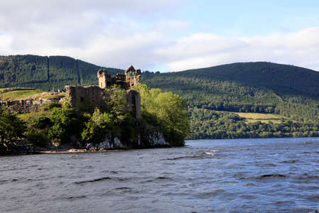 Loch Ness (Scotland), UK - August 02, 2018: Urquhart castle at Loch Ness lake, Scotland, Highlands, United Kingdomのeditorial素材
