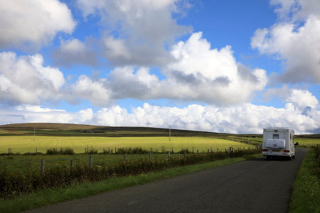 Orkney (Scotland), UK - August 10, 2018: A typical landscape in the Orkney islands, Orkney, Scotland, Highlands, United Kingdomのeditorial素材