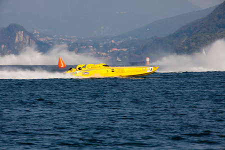 Stresa (VCO), Italy - October 04, 2009: A racing boat at World Offshore Powerboat Championship, Stresa, VCO, Piedmont, Italy.のeditorial素材