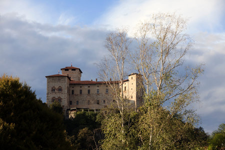 Angera (VA), Italy - September 15, 2016: View of Rocca Borromea in Angera town, Angera, Maggiore Lake, Varese, Lombardy, Italy.のeditorial素材