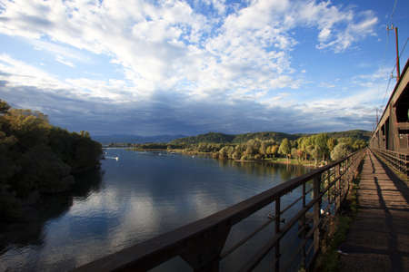 Sesto Calende (VA), Italy - September 15, 2016: The Ticino river view from the riverside, Lombardy, Piedmont, Italy.のeditorial素材