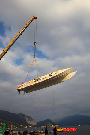 Stresa (VCO), Italy - October 04, 2009: A racing boat at World Offshore Powerboat Championship, Stresa, VCO, Piedmont, Italy.のeditorial素材