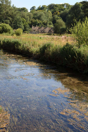 Bibury (England), UK - August 05, 2015: The river near Bibury village, Gloucestershire, England, United Kingdom.のeditorial素材