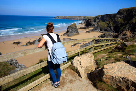 Bedruthan Steps (England), UK - August 13, 2015: Bedruthan Steps beach and coast, Cornwall, United Kingdom.のeditorial素材