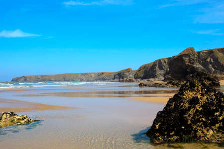 Bedruthan Steps (England), UK - August 13, 2015: Bedruthan Steps beach and coast, Cornwall, United Kingdom.のeditorial素材