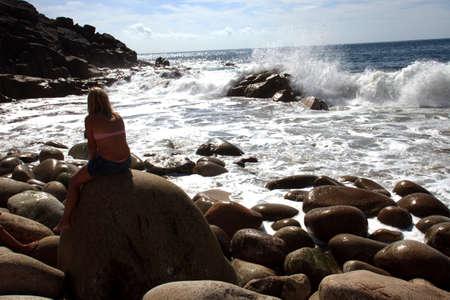Port Nanven (England), UK - August 16, 2015: The beach at Porth Nanven Cove, Cornwall, England, United Kingdom.のeditorial素材