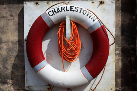 Charleston Town (England), UK - August 16, 2015: A lifebuoy in The historic 18th.century Charleston...