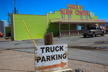 Nevada / USA - August 22, 2015: A gas station at The Area 51 Alien Center in the Nevada desert, Amargosa Valley, Nevadaのeditorial素材