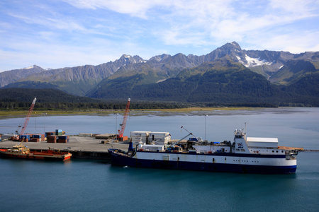 Seward, Alaska / USA - August 08, 2019: Seward port view from cruise ship deck, Seward, Alaska, USA