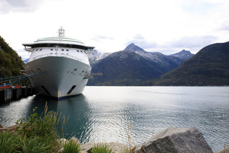Skagway, Alaska / USA - August 12, 2019: Cruise ship in Skagway port, Skagway, Alaska, USAのeditorial素材