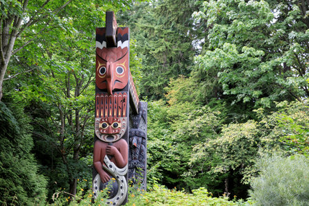 Vancouver, America - August 18, 2019: Totem at  Stanley Park, Vancouver, America